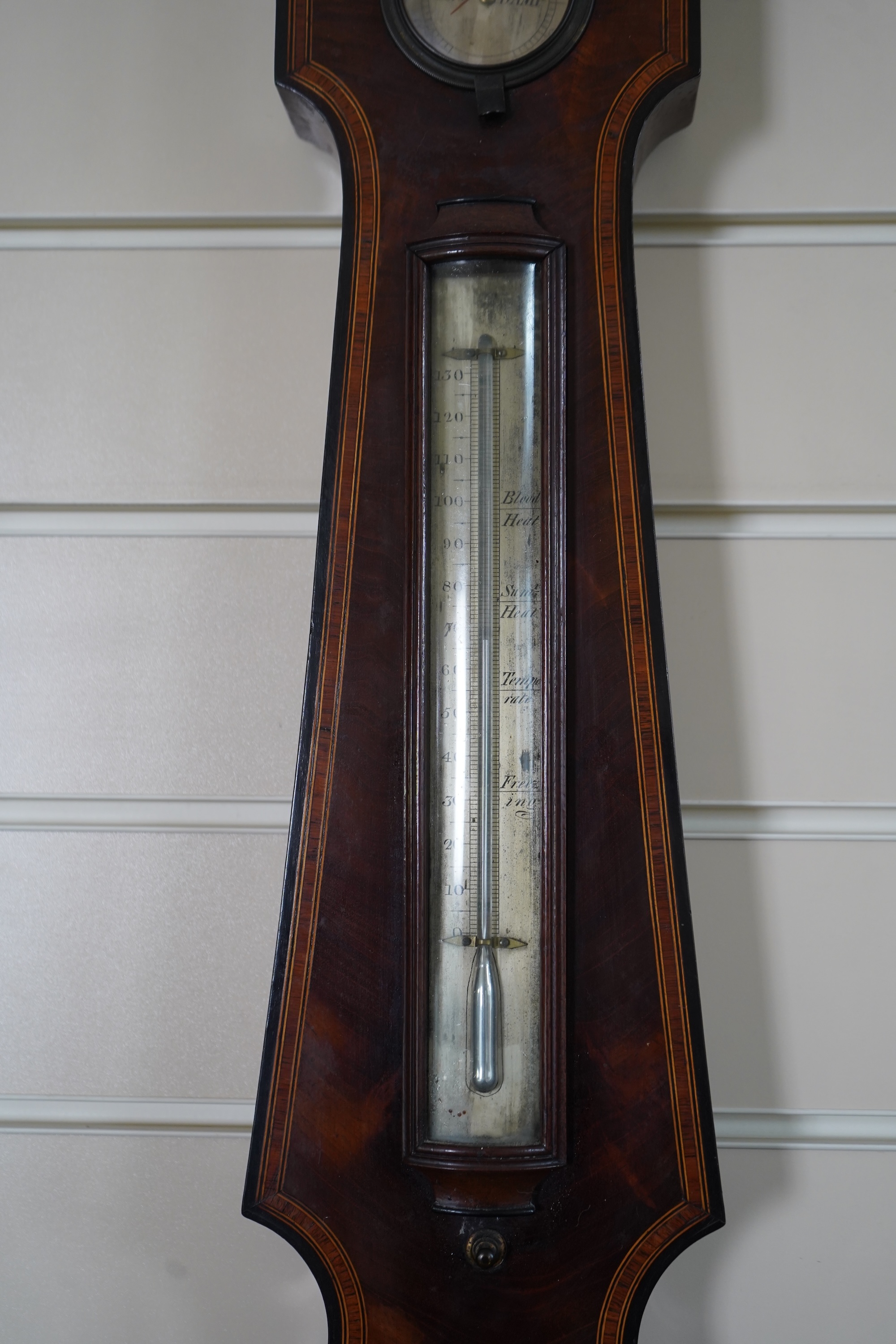 A large mid 19th century tulipwood banded mahogany wheel barometer, by C. Rimondi, Halifax